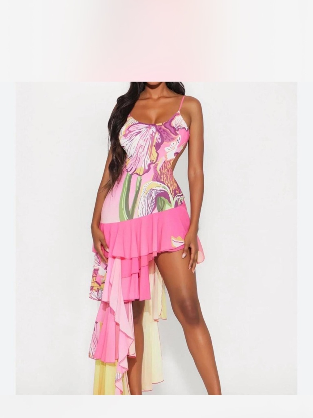Fashion Nova Pink Floral Asymmetrical Ruffle Dress